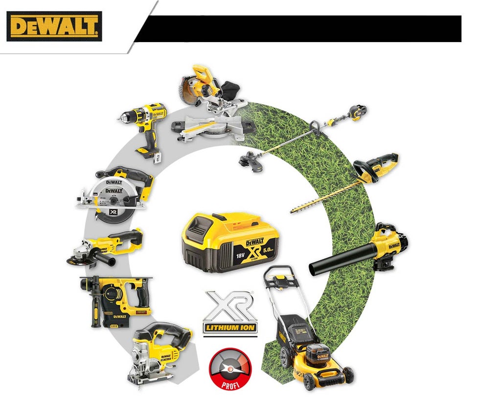 Sortiment žlutého a černého nářadí DeWalt pro stavbu a zahradu