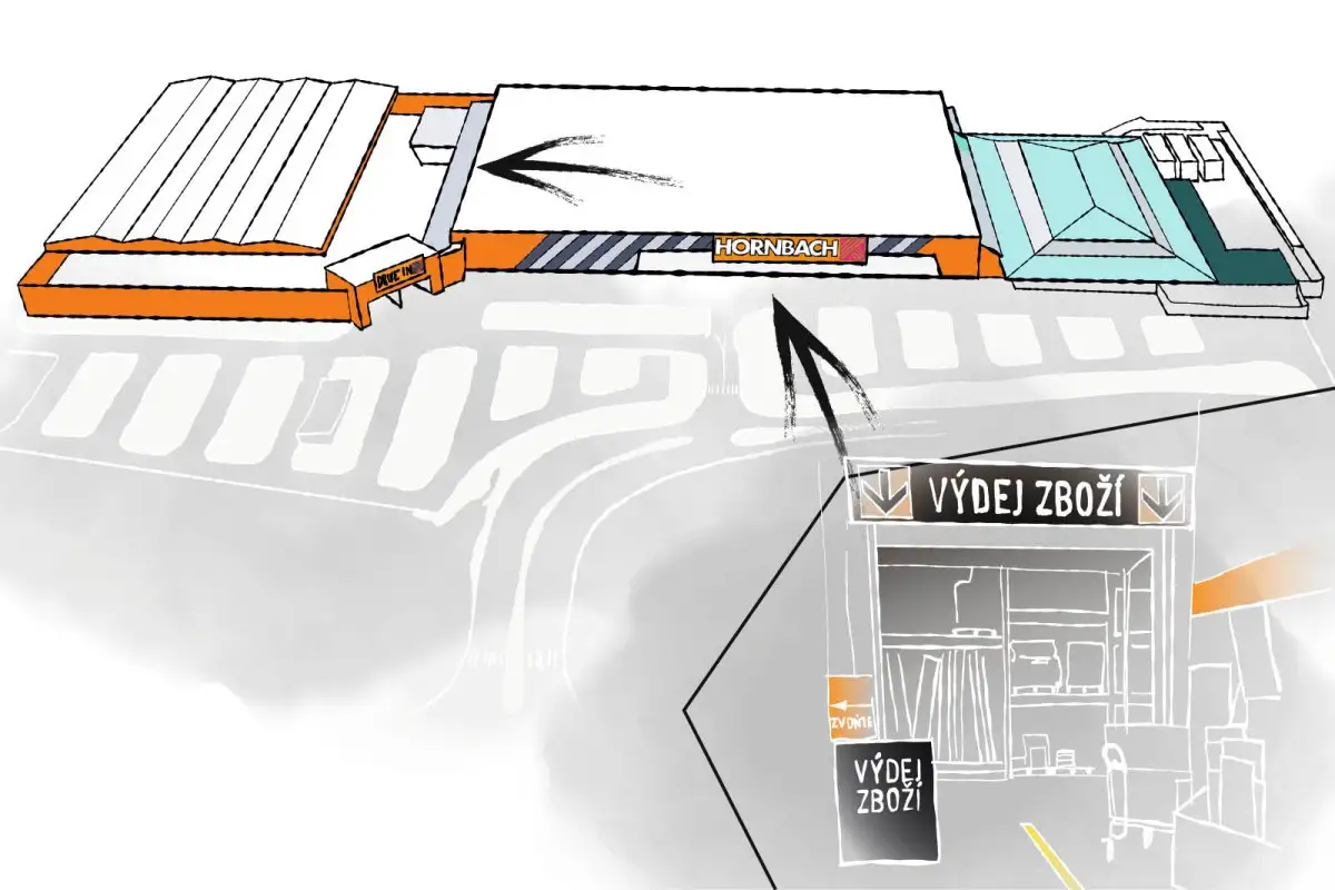 Ilustrace hobbymarketu Hornbach s výdejem zboží