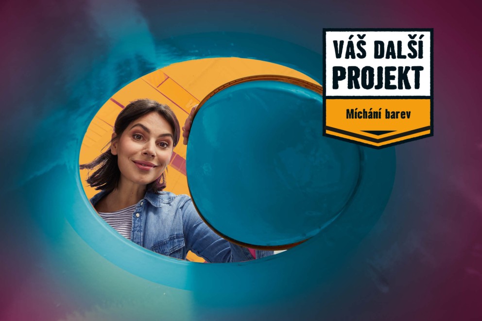 Žena v míchacím stroji na barvy s nápisem Váš další projekt.