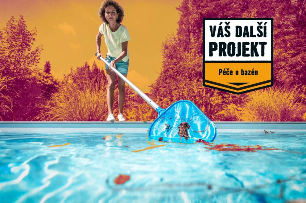 Žena čistí bazén pomocí síťky. Váš další projekt: Péče o bazén.