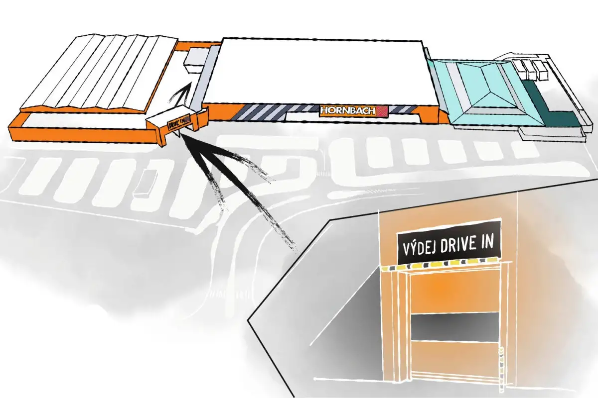 Ilustrace hobbymarketu Hornbach s výdejním místem Drive-In