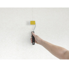 Ruka maluje stěnu válečkem na barvu žlutě