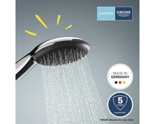 Ruční sprcha Grohe s proudem vody a odkazy na Quickfix, Made in Germany a záruku