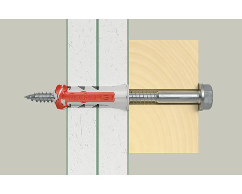 Hmoždinka Fischer se šroubem ve zdi a dřevě