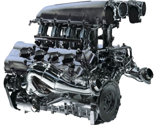 Detailní pohled na kovový motor automobilu.