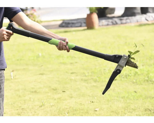 Osoba používá nástroj na odstraňování plevele k odstranění plevele na zahradě.