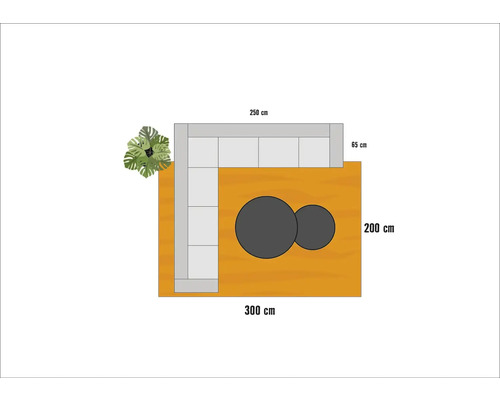 Půdorys místnosti s rohovou pohovkou, konferenčními stolky a rostlinou s rozměry