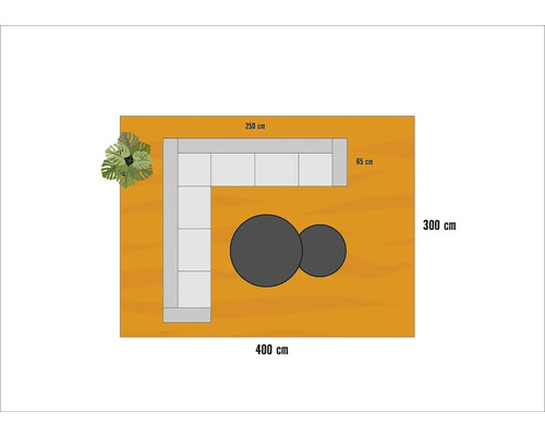 "Pohled shora na zahradní prostředí s rohovou pohovkou, dvěma kulatými stoly a rostlinou