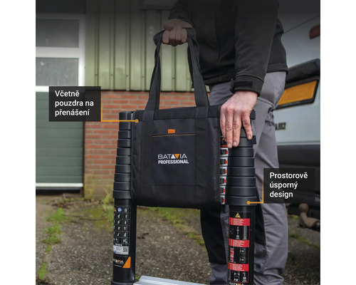 Teleskopický žebřík s taškou pro snadnou přepravu a prostorově úsporné skladování