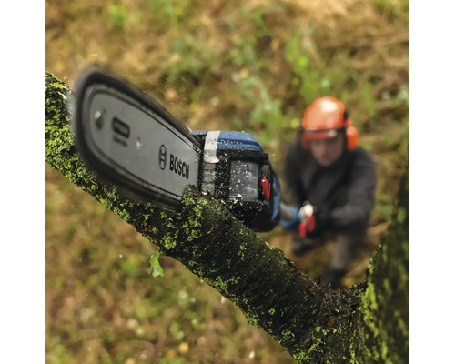 Logo společnosti Bosch na akumulátorové pile při řezání větve