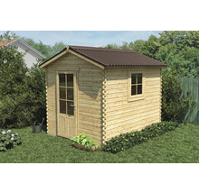 Dřevěný zahradní domek s oknem a dveřmi na zahradě