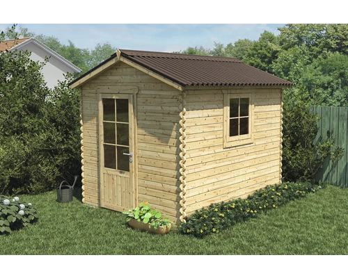 Dřevěný zahradní domek s oknem a dveřmi na zahradě