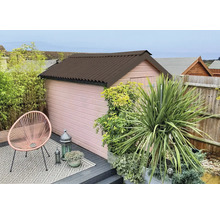 Scéna se zahradním domkem s vlnitou plechovou střechou, židlí a rostlinami.