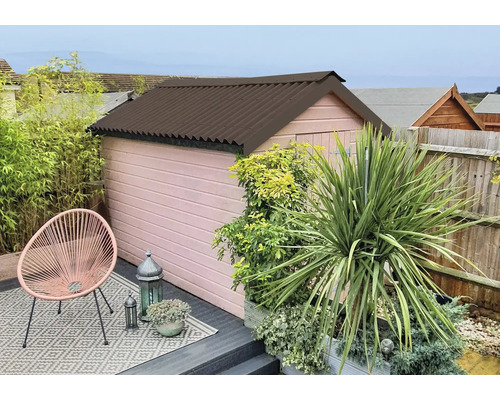 Scéna se zahradním domkem s vlnitou plechovou střechou, židlí a rostlinami.