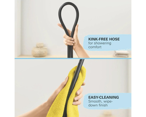 Obrázek sprchové hadice odolné proti zalomení v ruce a sprchové hadice otřené hadříkem.