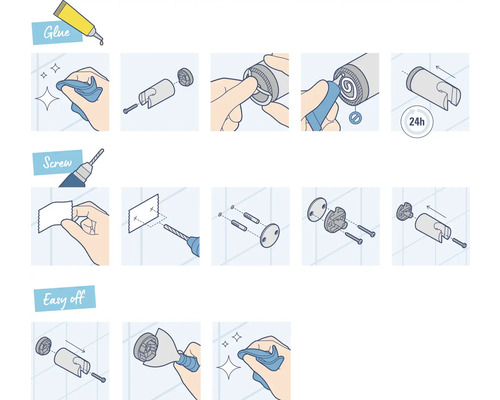 Návod k montáži koupelnového doplňku lepením a šroubováním
