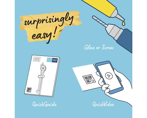 Návod k snadné montáži pomocí lepidla, šroubů nebo videa.