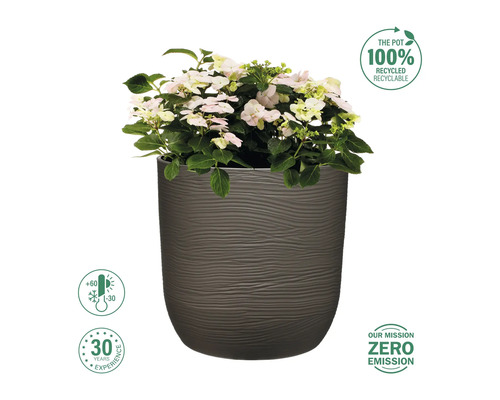 Květináč s rostlinou a symboly: recyklovatelné, teplotně odolné, 30 let zkušeností a nulové emise