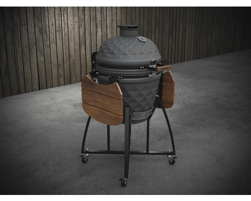 Keramický gril na kolečkách s dřevěnými policemi