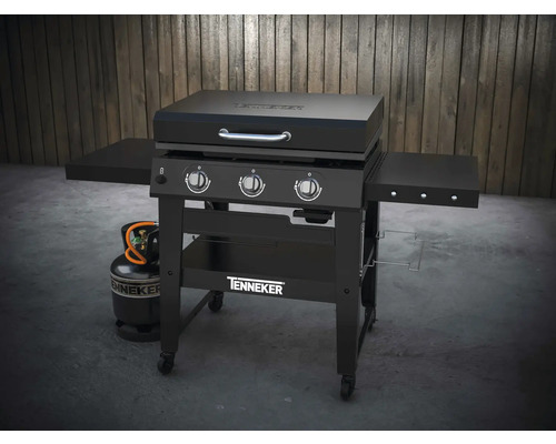 Plynový gril Tenkeker se třemi hořáky, bočními policemi a plynovou lahví