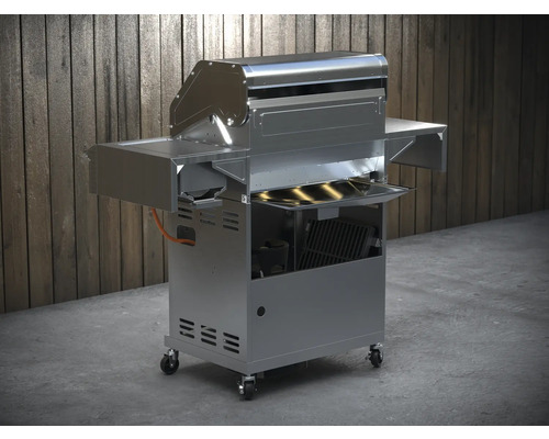 Nerezový plynový gril s odkládacími plochami a kolečky