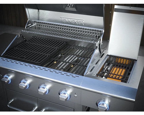 Plynový gril Tenneker s otevřeným víkem a grilovacími rošty