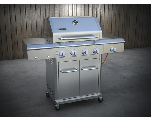 Nerezový grilovací vozík se čtyřmi hořáky a spodní skříňkou