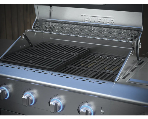 Otevřený plynový gril s grilovacím roštem a ohřívacím roštem