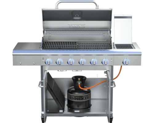 Plynový gril Tenkeker s otevřenou kapotou a plynovou lahví