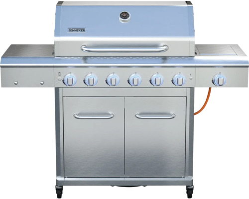Nerezový plynový gril se šesti hořáky, bočními stolky a spodní skříňkou