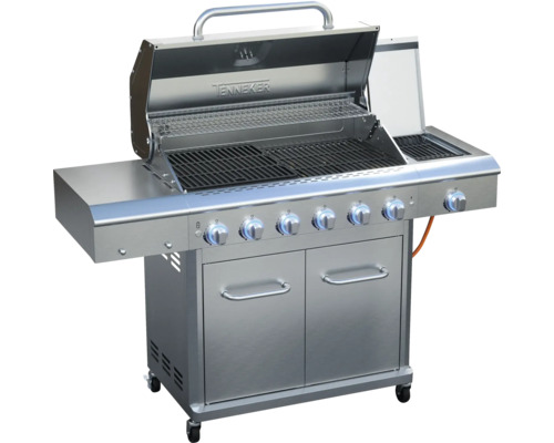 Nerezový plynový gril se šesti hořáky, odkládacími plochami a spodní skříňkou