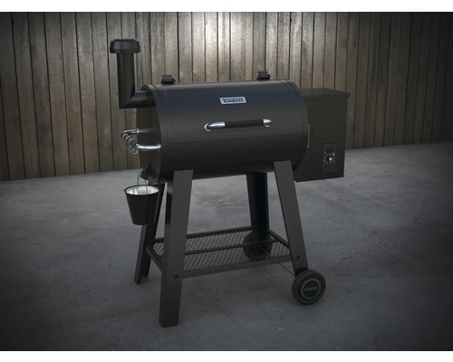 Černý peletový gril Tenneker s udicí věží, nádobou na odkapávání tuku a kolečky