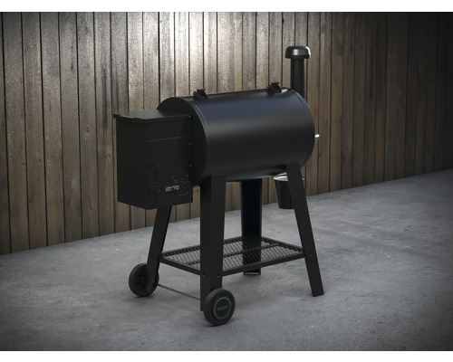 Černý gril na pelety s funkcí udírny na kolečkách