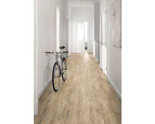 Chodba se světle hnědou dřevěnou podlahou a jízdním kolem