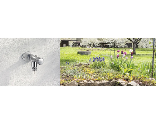 Venkovní vodovodní kohoutek na zdi se zahradou v pozadí