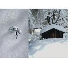 Venkovní vodovodní kohoutek na stěně a zasněžená chata