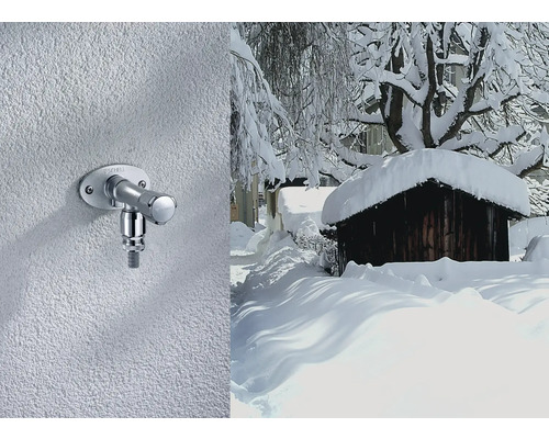 Venkovní vodovodní kohoutek na stěně a zasněžená chata