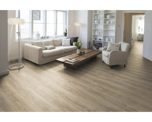 Světlý obývací pokoj s dřevěnou podlahou, pohovkou, křeslem a knihovnou