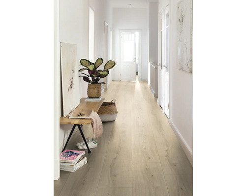 Chodba se světlou laminátovou podlahou, lavicí, rostlinou a dekoracemi