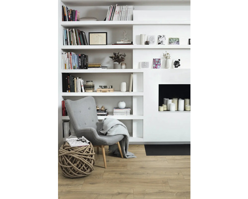 Obývací pokoj s knihovnou, křeslem a dekorací