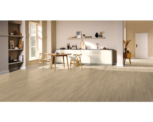 Světlá místnost s dřevěnou podlahou, dřevěným stolem a židlemi, kuchyňským koutem a policemi