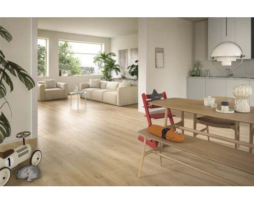 Světlý obývací pokoj s dřevěnou podlahou, pohovkou a jídelním koutem.