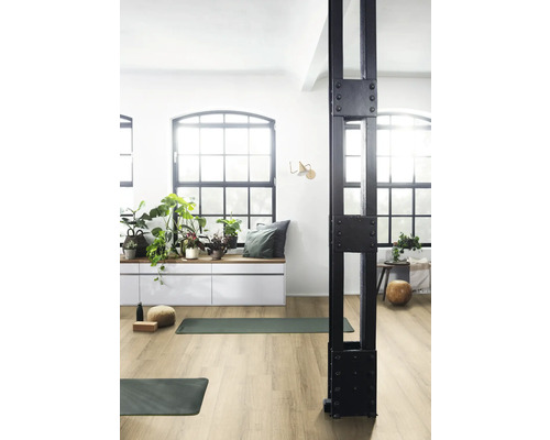 Světlá místnost s velkými okny, rostlinami, podložkami na jógu a černým kovovým sloupem