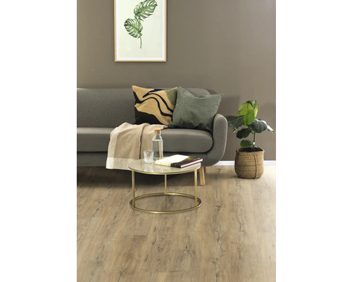 Obývací pokoj s šedou pohovkou, polštáři, dekou, stolem, pokojovou rostlinou a světlou dřevěnou podlahou