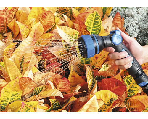 Osoba zavlažuje rostliny zahradním postřikovačem.