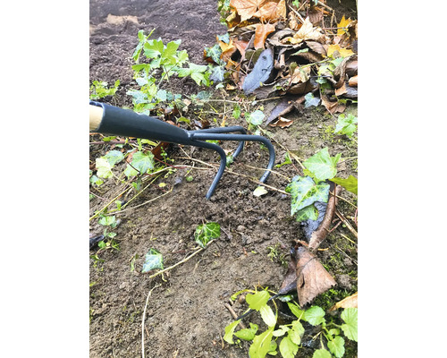 Zahradní motyka používaná mezi hlínou a rostlinami