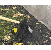 Zahradní motyka s dřevěnou násadou používaná v zahradní půdě.