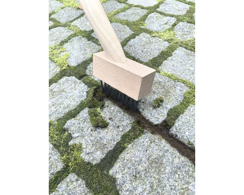 Kartáč na spáry s dřevěnou rukojetí čistí dlažební kostky od mechu