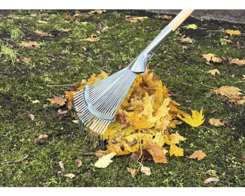 Kovové hrábě na listí s dřevěnou násadou na listí