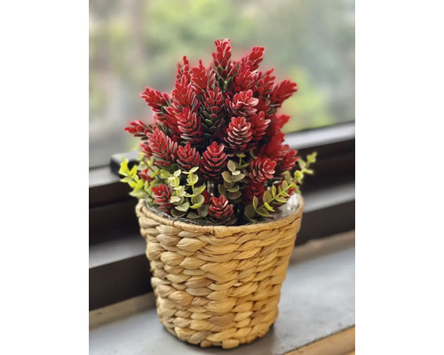 Umělá rostlina s červenými květy v pleteném květináči